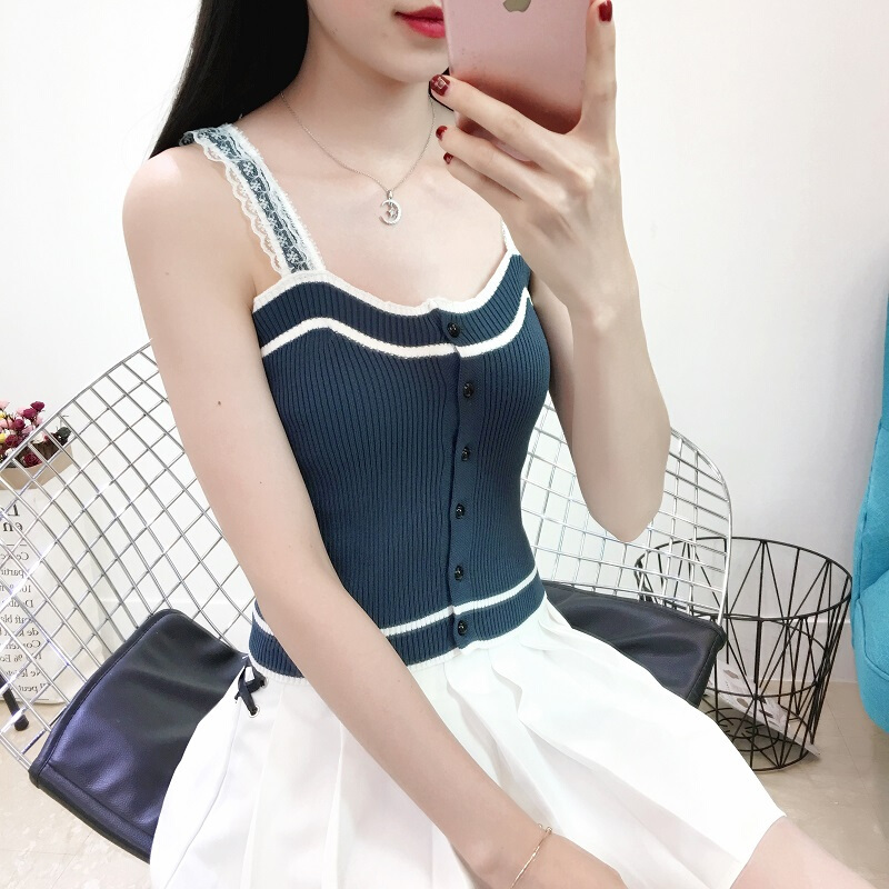 2018夏季修身短款露脐显瘦带蕾丝纽扣撞色针织背心女装白色均码