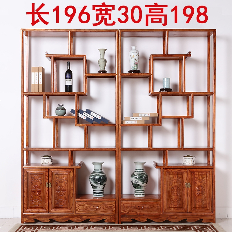 博古架实木多宝阁中式仿古家具榆木茶叶展示陈列柜客厅隔断置物架 一对寿字博古架_1米以下