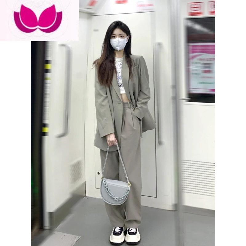 七斓西装外套女气质2023年春装新款韩版宽松时尚休闲西服套装职业正装 S101-115斤 灰色