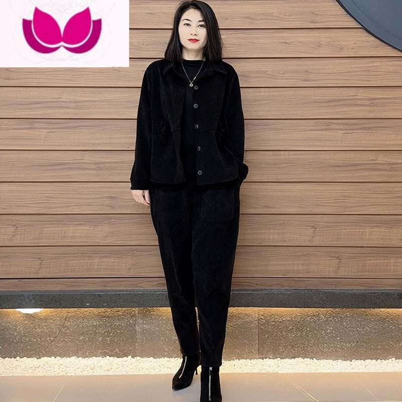 七斓春季新款不加绒衬衫领盘口哈伦套装2023时尚洋气休闲宽松减龄女装 黑色 L100-120斤