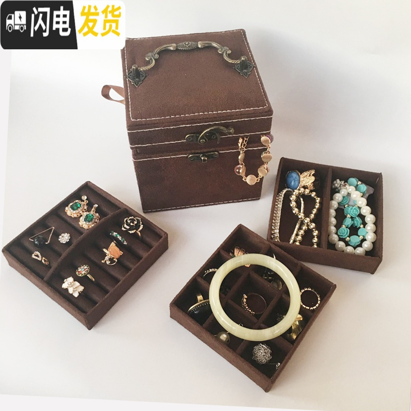 三维工匠复古首饰盒欧式精致小号饰品盒公主简约收纳盒手饰盒珠宝盒化妆盒 绒咖啡(古铜色手把)