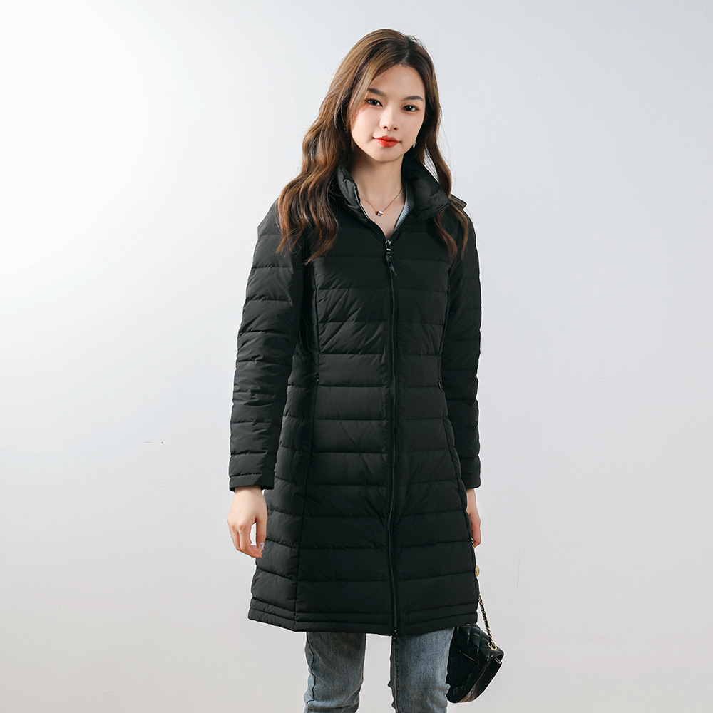 新款女式90绒纯色女装连帽带帽无缝羽绒服中长款大码外套_751031高清大图