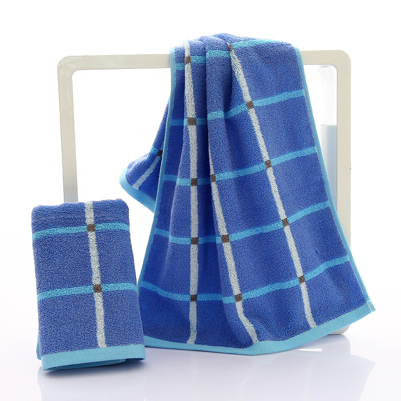 洁丽雅纯棉毛巾多臂方格面巾家用洗脸毛巾 蓝色1条72x34