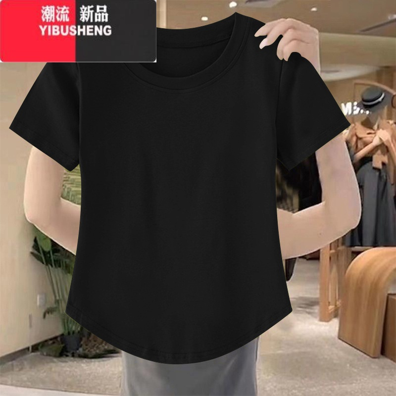 YIBUSHENG短袖t恤女季2024新款修身显瘦圆领时尚不规则韩版上衣女装