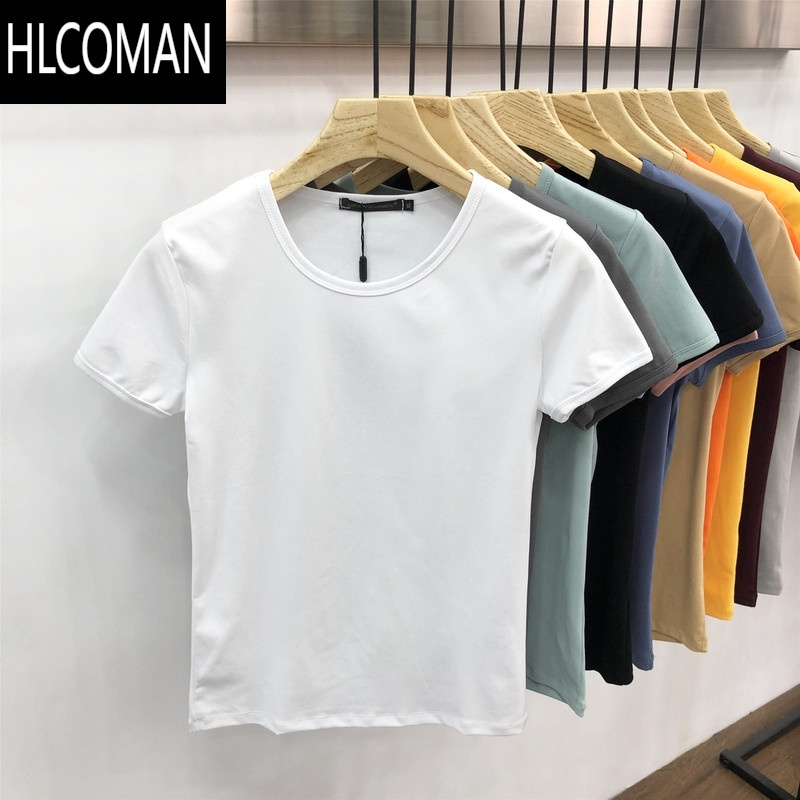 HLCOMAN夏季纯黑色短袖t恤男修身圆领体桖弹力贴身紧身健身半袖打底衫潮
