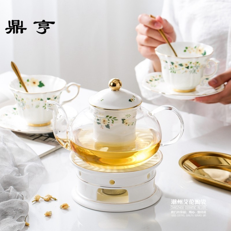 鼎亨北欧田园骨瓷花茶壶下午茶具套装陶瓷玻璃温茶炉红茶花茶具
