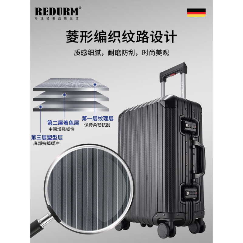 瑞德姆(REDURM)全铝镁合金行李箱登机箱小型旅行箱出差拉杆箱男女密码箱 时空银 -3D纹防刮耐磨硬箱 24英寸高清大图