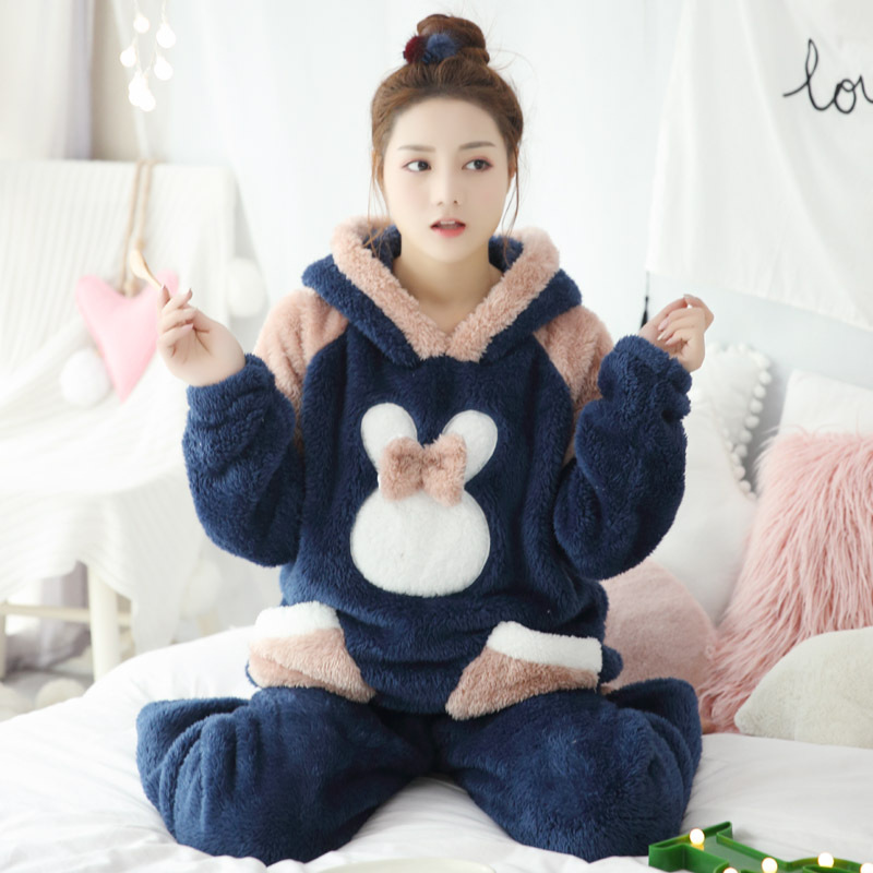 珊瑚绒睡衣女冬季长袖法兰绒秋可爱卡通连帽兔子加厚长毛绒家居服睡衣