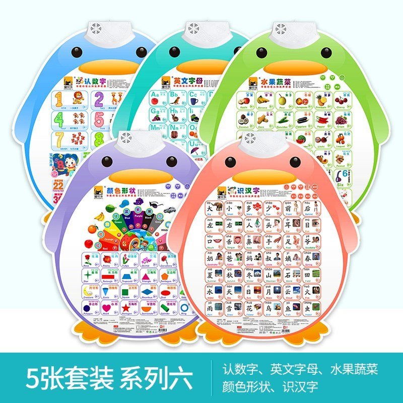 识别发音儿童认数字挂图 语音宝宝墙贴幼儿园小孩识字学习触摸点 五张套装2(拼音+水果+动物+人物高清大图