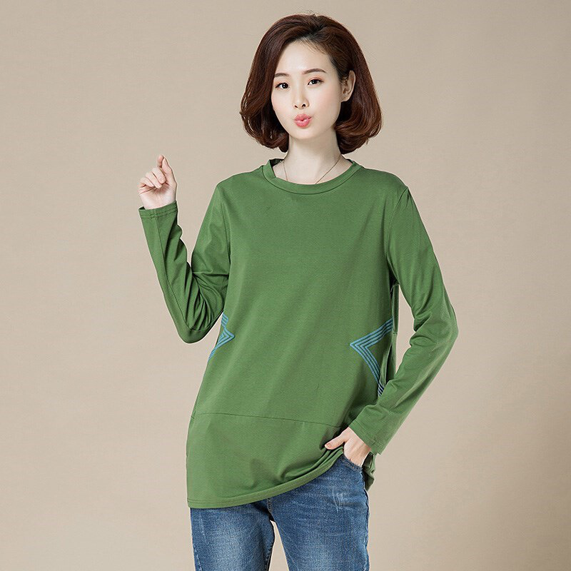 迪鲁奥（DILUAO)新款女装打底衫女长袖大码宽松中长款妈妈纯棉恤春秋胖女人遮肚显瘦上衣_970 3XL 绿色