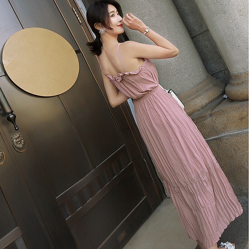 两件套过膝长裙2018夏季女装新款百褶裙带连衣裙收腰显瘦裙子潮