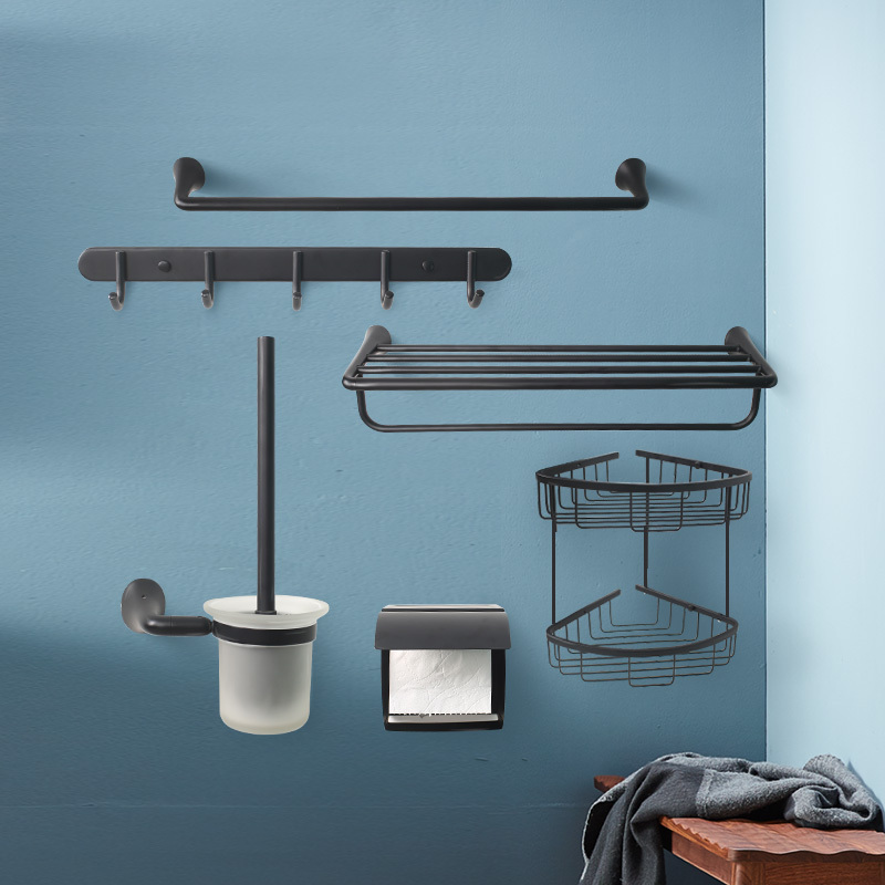 法恩莎五金挂件卫生间不锈钢浴毛巾架置物架纸巾盒黑色fgj805套装