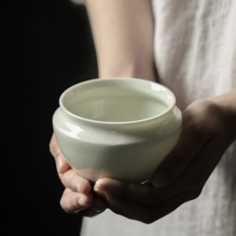 美帮汇湖田窑茶洗水盂建水茶洗小号冰裂纹白瓷陶瓷复古杯洗茶渣桶高清大图
