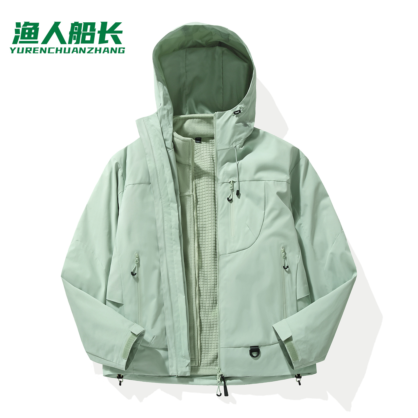渔人船长冬季时尚户外情侣款冲锋衣男女三合一防风保暖可拆卸连帽两件套高清大图