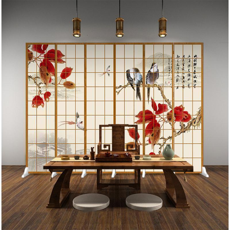 森美人日式仿木纹格子屏风隔断客厅现代简约双面移动布艺时尚可折叠折屏 黄色6扇防透宽2.4米