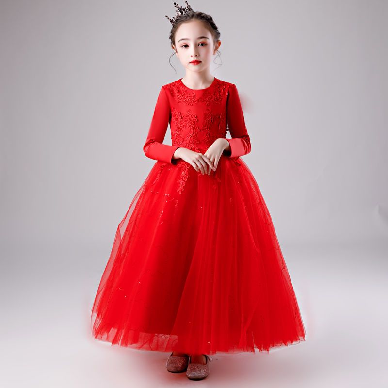 洋气公主裙小女孩表演钢琴演奏儿童主持人晚礼服蓝色长袖送皇冠110