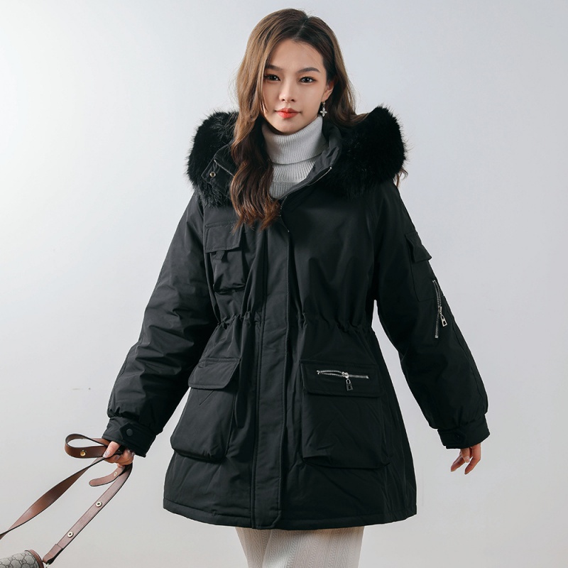 新款纯色简约羽绒服女抽绳宽松加厚韩版大毛领外套派克服高清大图