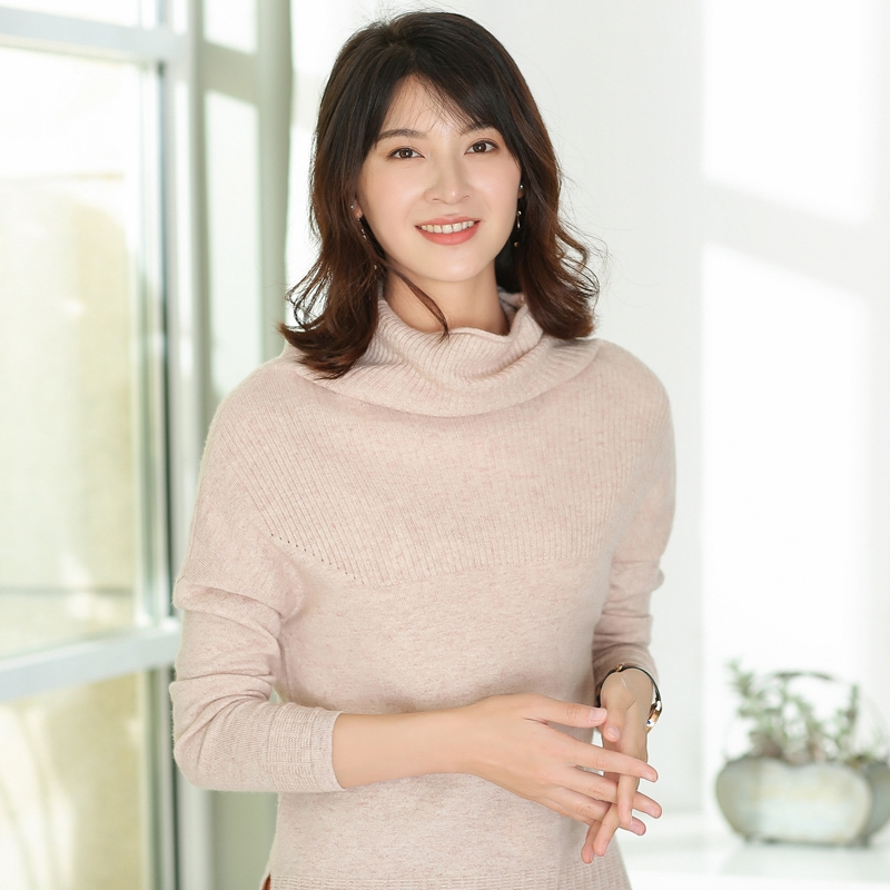 秋冬新款羊绒衫开叉高领毛衣女宽松中长款韩版时尚针织打底衫