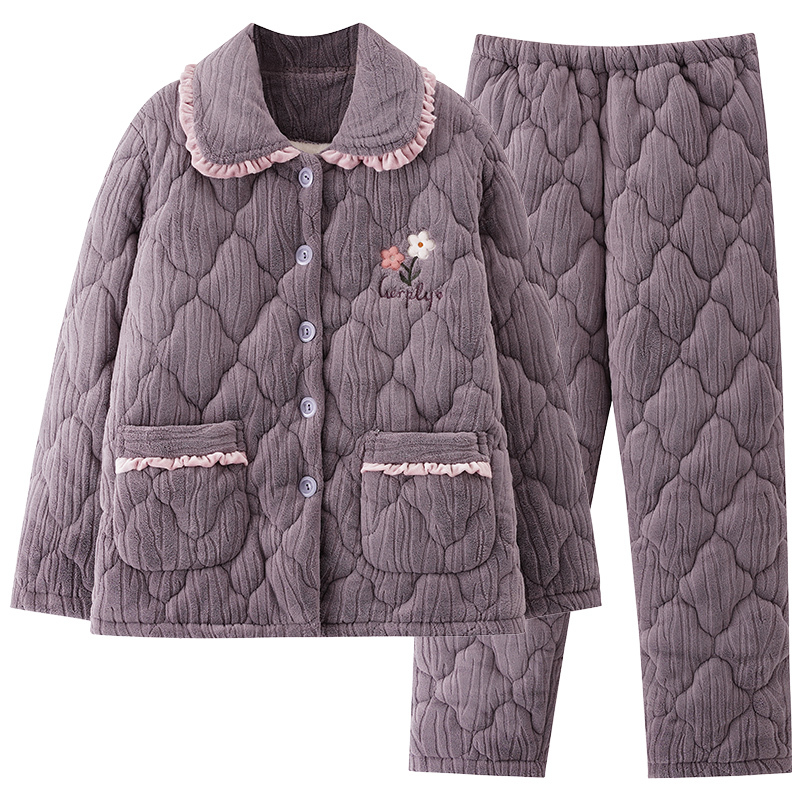 南极人珊瑚绒夹棉睡衣女冬季中老年妈妈三层加厚加绒法兰绒家居服