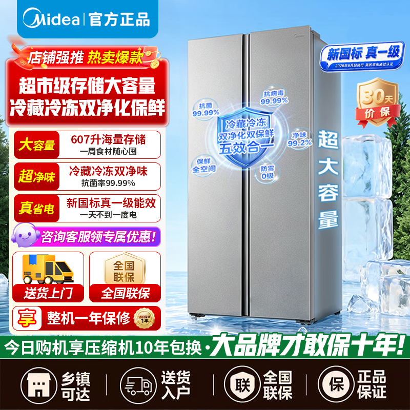 美的冰箱【新国标】607升级款对开门冰箱双变频新一级能效超薄电冰箱智能净味无霜MR-637WKPEA榭湖银