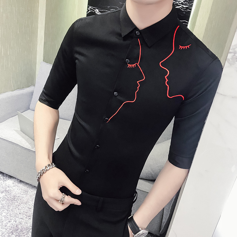 2018春夏新款型师韩版修身绣花七分袖衬衫中袖男士时尚夜店衬衣
