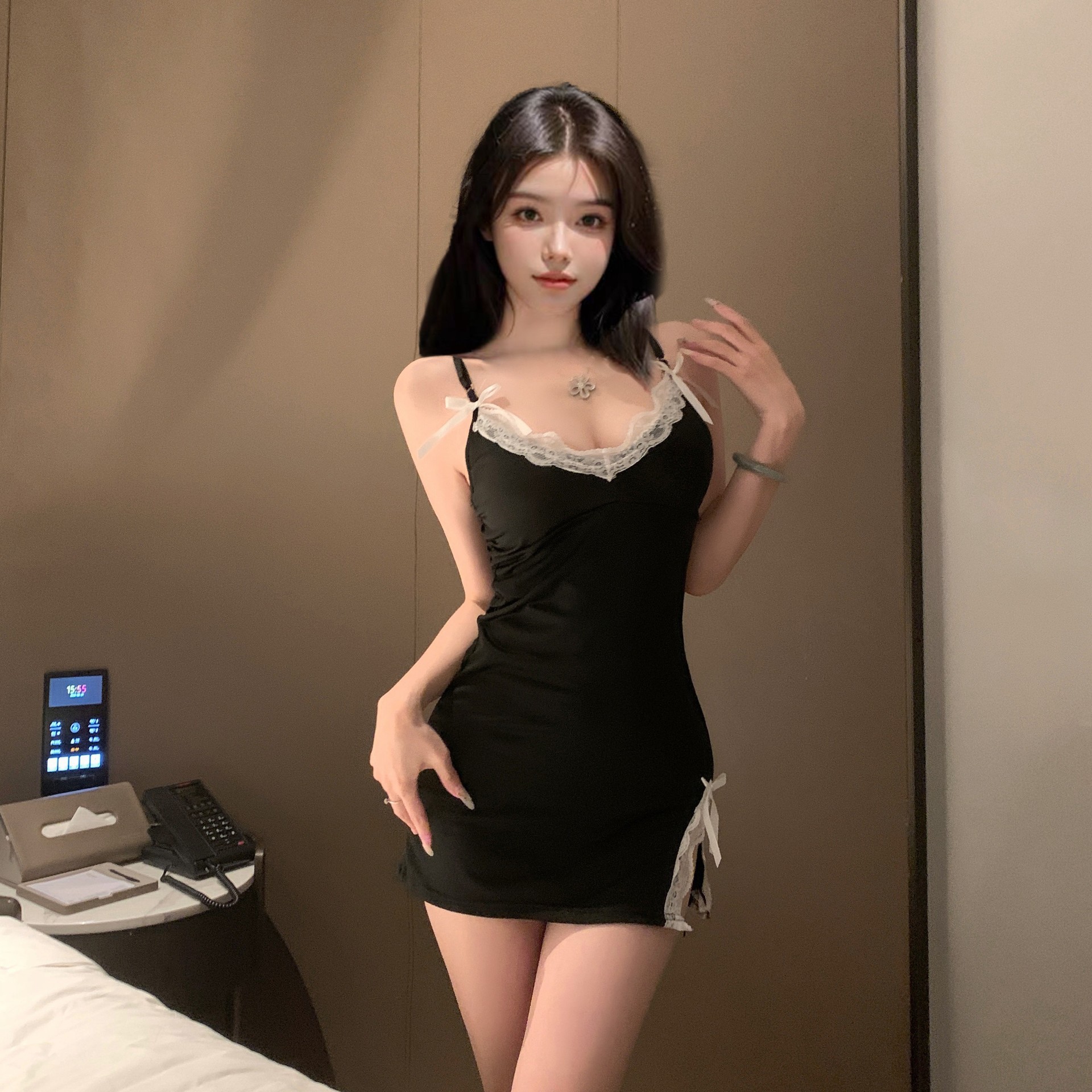 网红吊带睡衣女裙夏性感可爱修身纯欲风蕾丝可胸垫睡裙家居服1361 黑色【不加胸垫】 L【100-115斤】