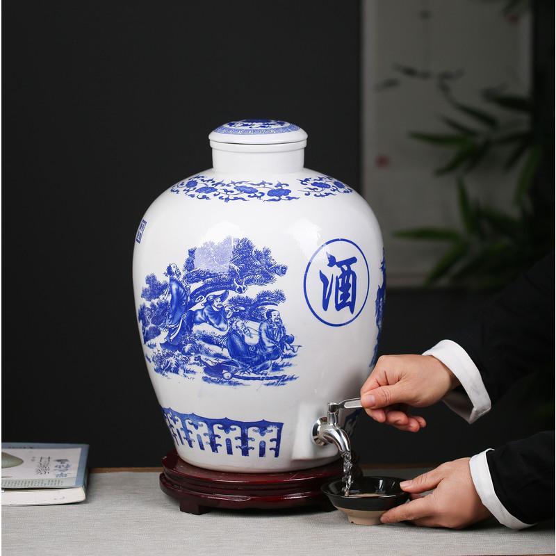 YICHENG陶瓷青花酒坛10斤20斤50斤景德镇酒缸复古酒瓶 坛装酒泡酒壶酒罐 10斤青花八仙有孔带塑料龙头酒具