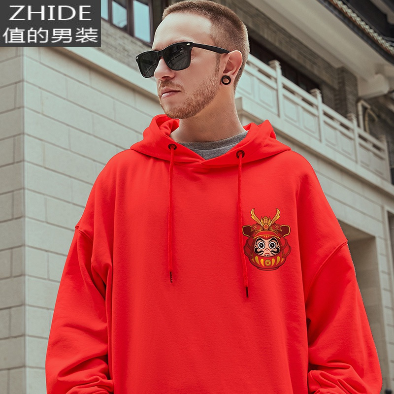 suntek红色卫衣男加绒加厚潮流大码男装本命年牛年衣服秋冬款胖子连帽