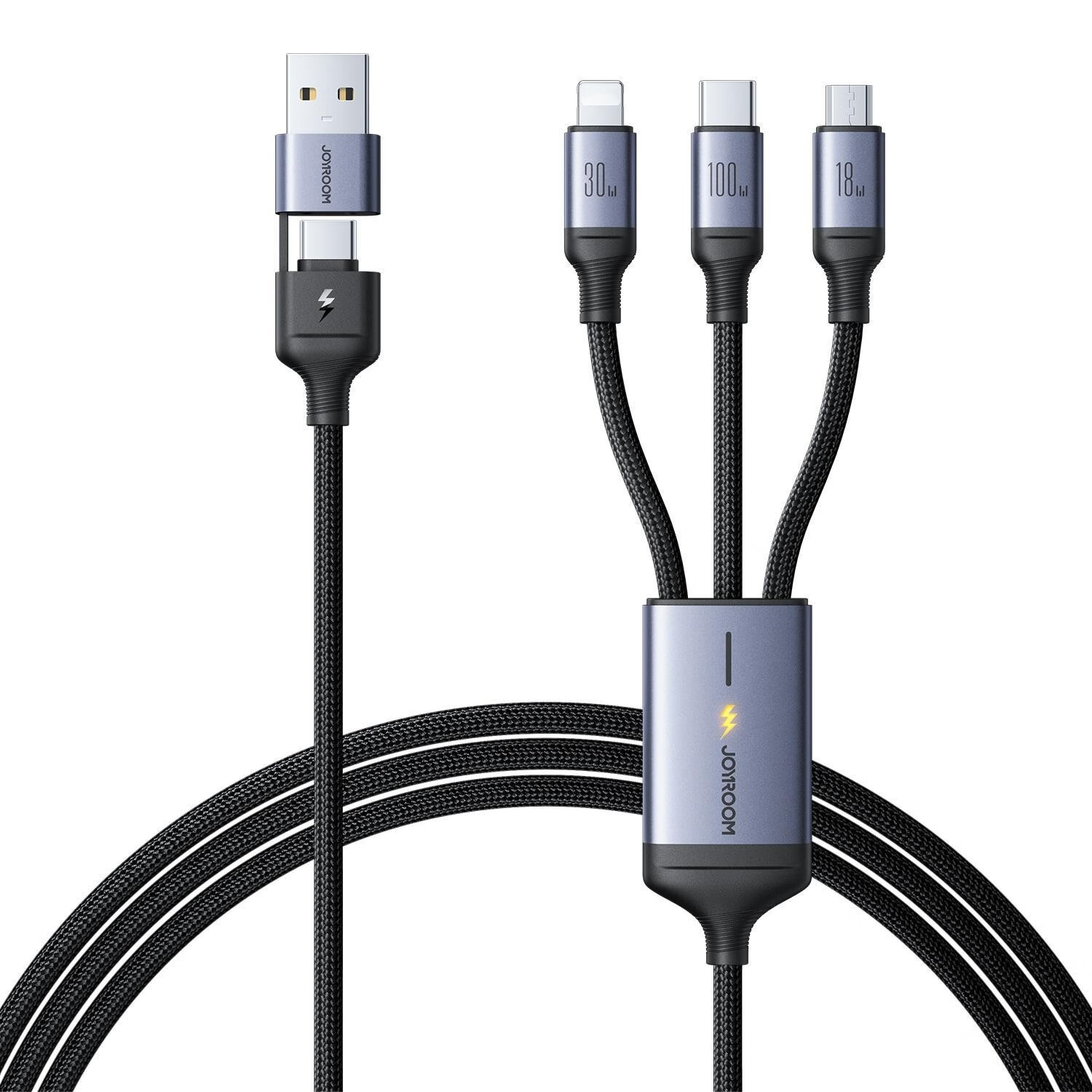 机乐堂(JOYROOM) S-A21 迅驰系列一拖三快充线USB-A to L+C+M100W 黑色
