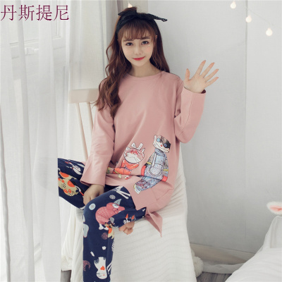 睡衣秋款女士长袖纯棉韩版宽松大码可爱甜美少女套装春天家居服冬