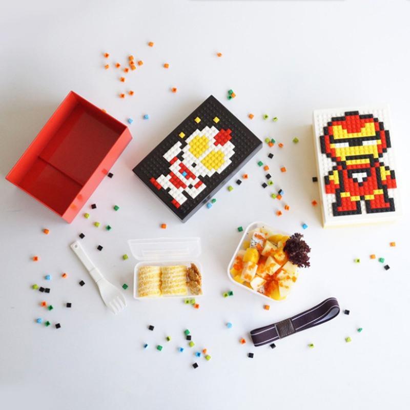 黑配红 乐高积木便当盒diy像素积木拼图饭盒卡通多格学生饭盒可进微波