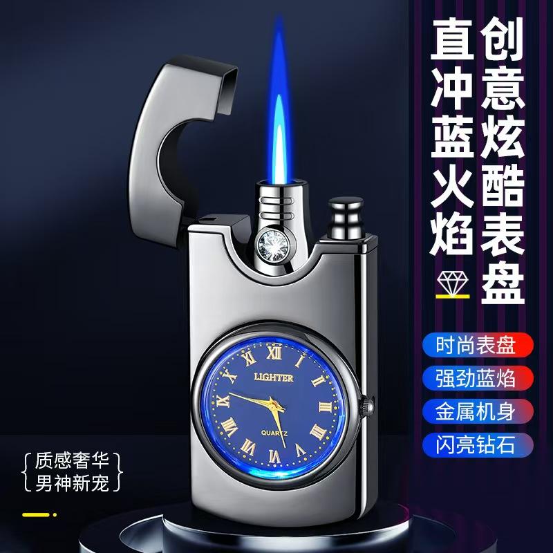 新款防风充气打火机个性直冲炫酷镶钻真表盘手表蓝焰点烟器送男友高清大图