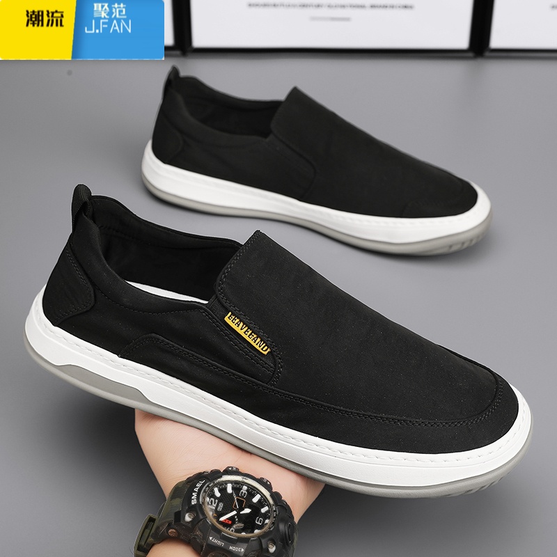 聚范帆布男鞋夏季透气懒人一脚蹬老北京布鞋软底板鞋黑色劳保工作潮鞋高清大图