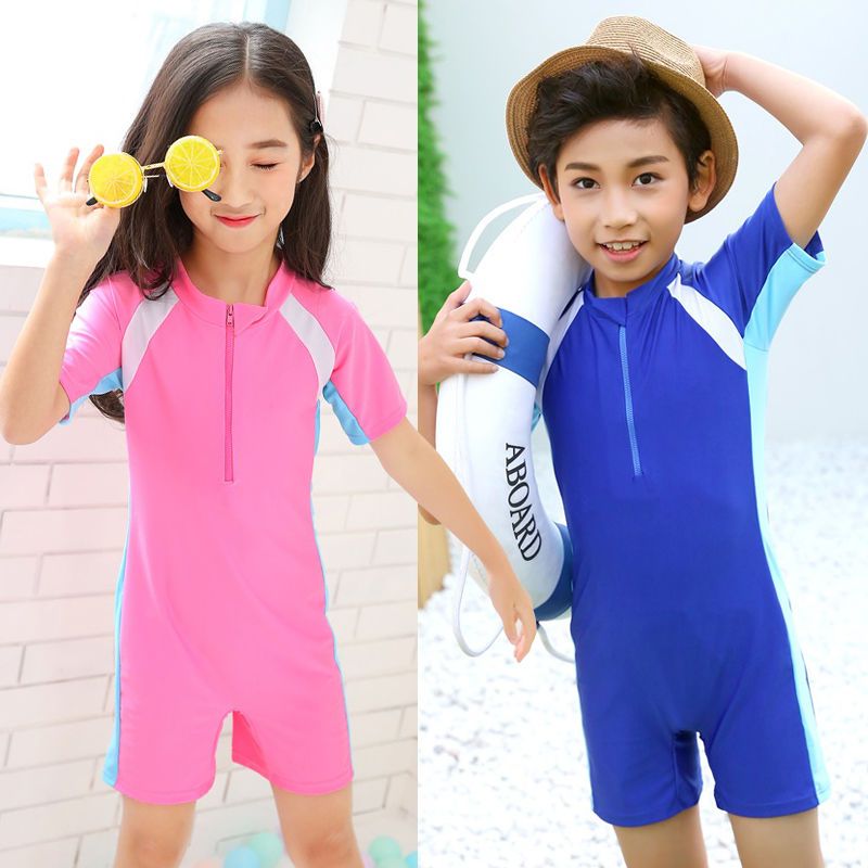 儿童连体游泳衣男女童速干防晒中大童女孩色保守小学生泳装