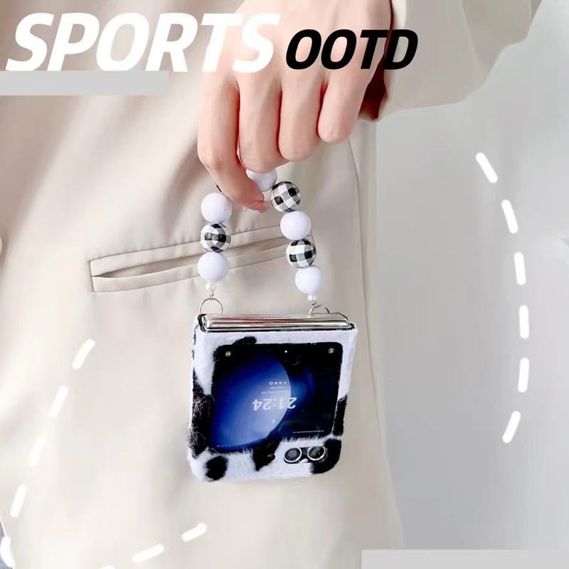 可波 适用于毛绒奶牛纹三星zflip6奶牛毛绒壳三星zflip6折叠新款挂绳保护套网红防摔壳