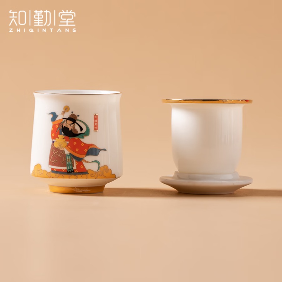 知勤堂五路财神主人杯泡茶杯子三件套带盖茶水分离水杯中国风国潮礼盒装 招宝天尊 招财进宝-东路萧升 礼盒装