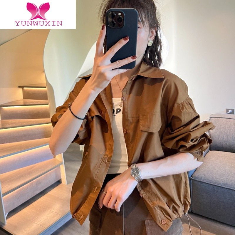 YUNWUXIN早秋季白色长袖衬衫小众设计感上衣女新款别致抽绳翻领小衬衣外套
