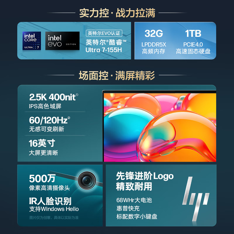 惠普HP 星Book Pro 16-ab1042TU 16英寸轻薄本定制笔记本电脑(Ultra7 155H 32G内存 2TB固态 2.5K 120Hz VRR EVO AI)银