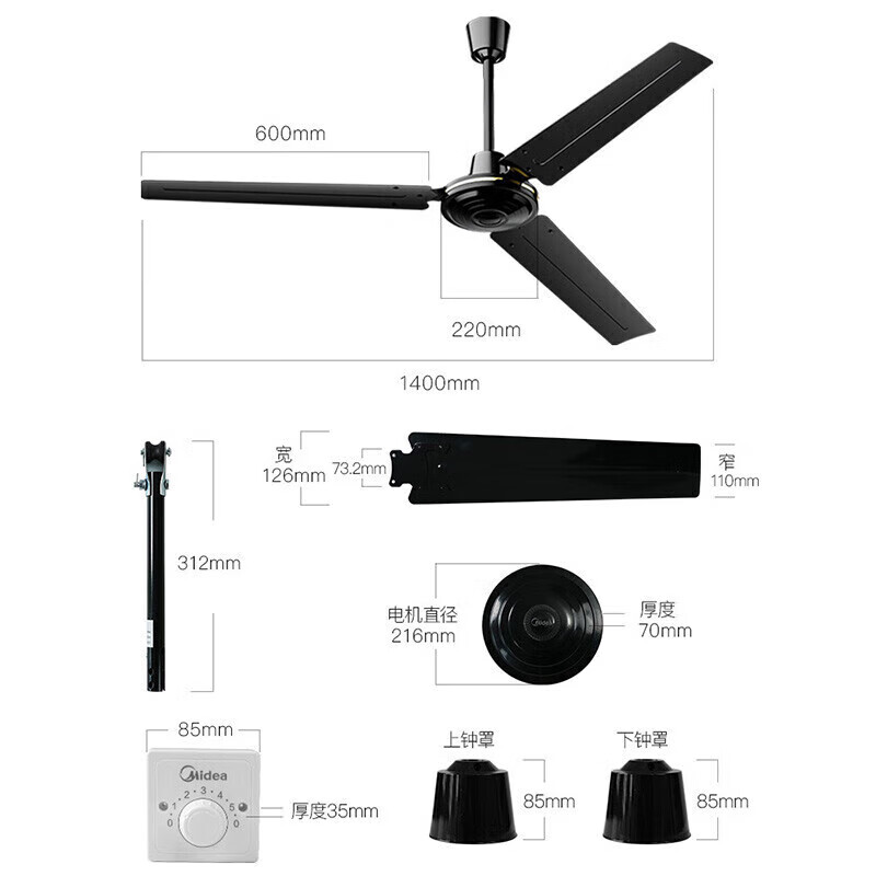 美的(Midea)吊扇56吋工业电风扇家用客厅轻音铁叶大风力宿舍工厂楼顶扇 黑色三叶 FC140-EA高清大图