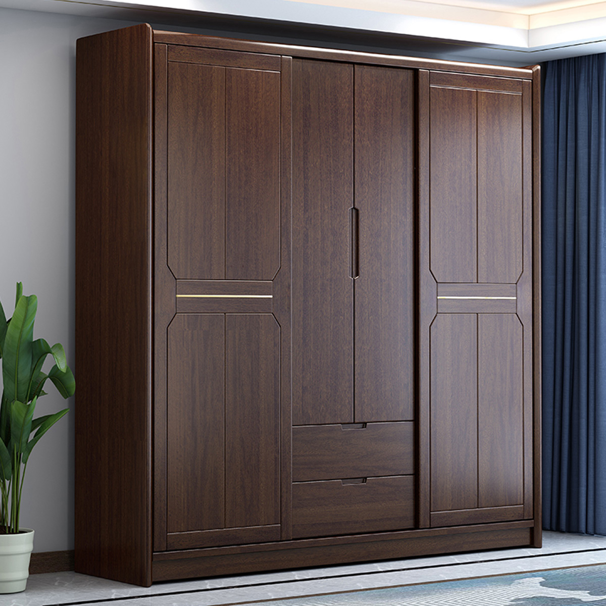 木格尚品 胡桃木实木衣柜推拉四门新中式卧室轻奢大衣橱收纳柜移门