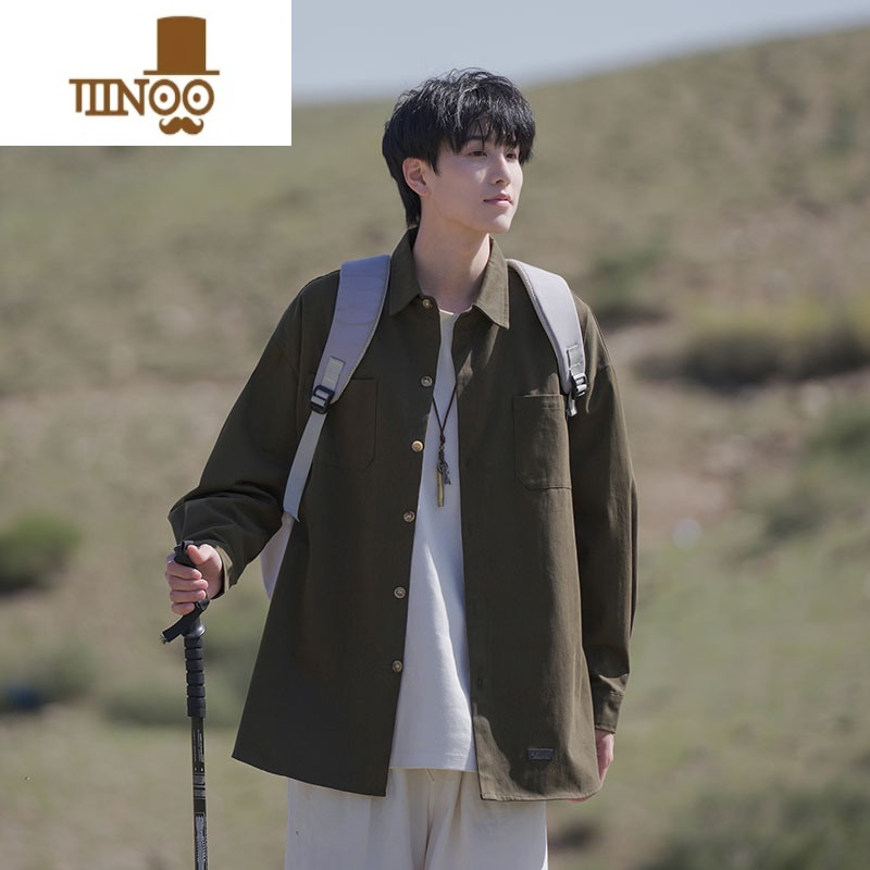 YANXU日系复古工装长袖衬衫男新款潮牌宽松休闲潮流百搭衬衣外衣高清大图