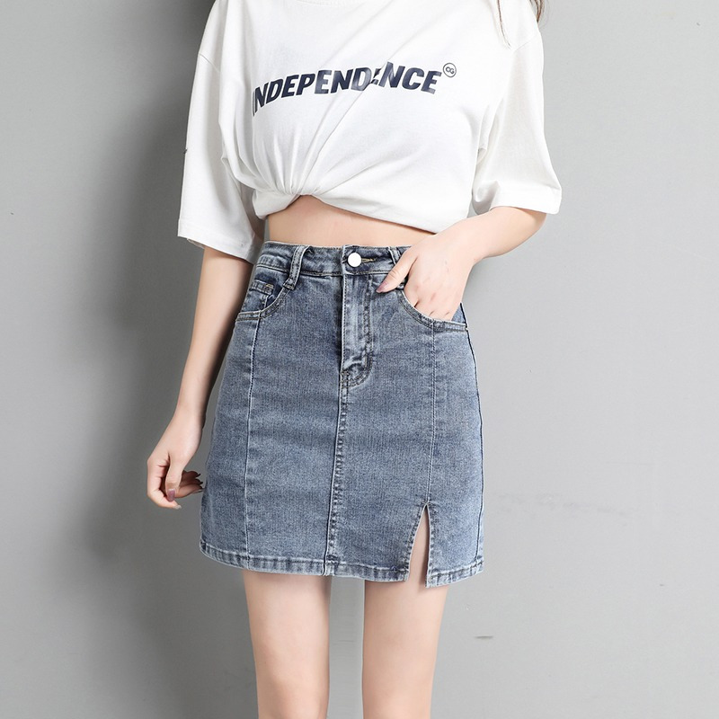 真维斯弹力牛仔裙半身裙女高腰防走光a字短裙裤裙开叉包臀裙子春季