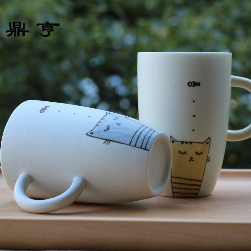 鼎亨创意手绘猫咪陶瓷杯子磨砂个性马克杯带盖勺情侣杯定制生日礼