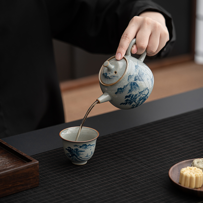 苏氏陶瓷(SUSHI CERAMICS)汝窑开片手绘山水泛舟三才盖碗茶壶礼盒茶具组