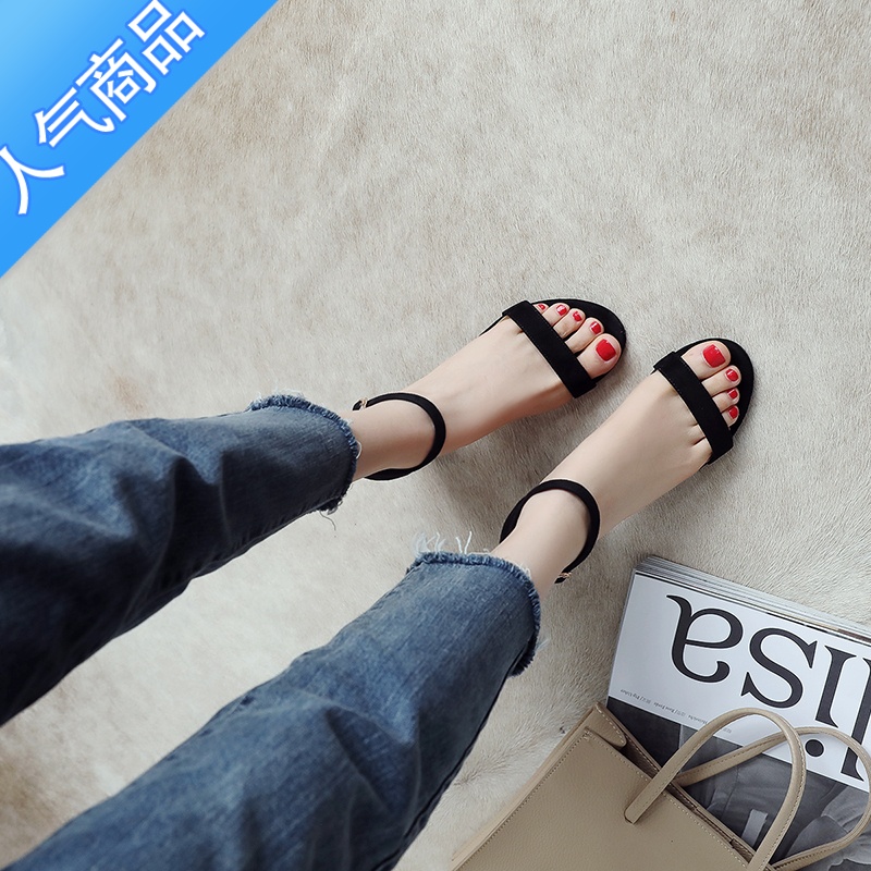 SUNTEK凉鞋女中跟2023夏季新款欧美一字带粗跟黑色绒面百搭露趾高趾S黑高清大图