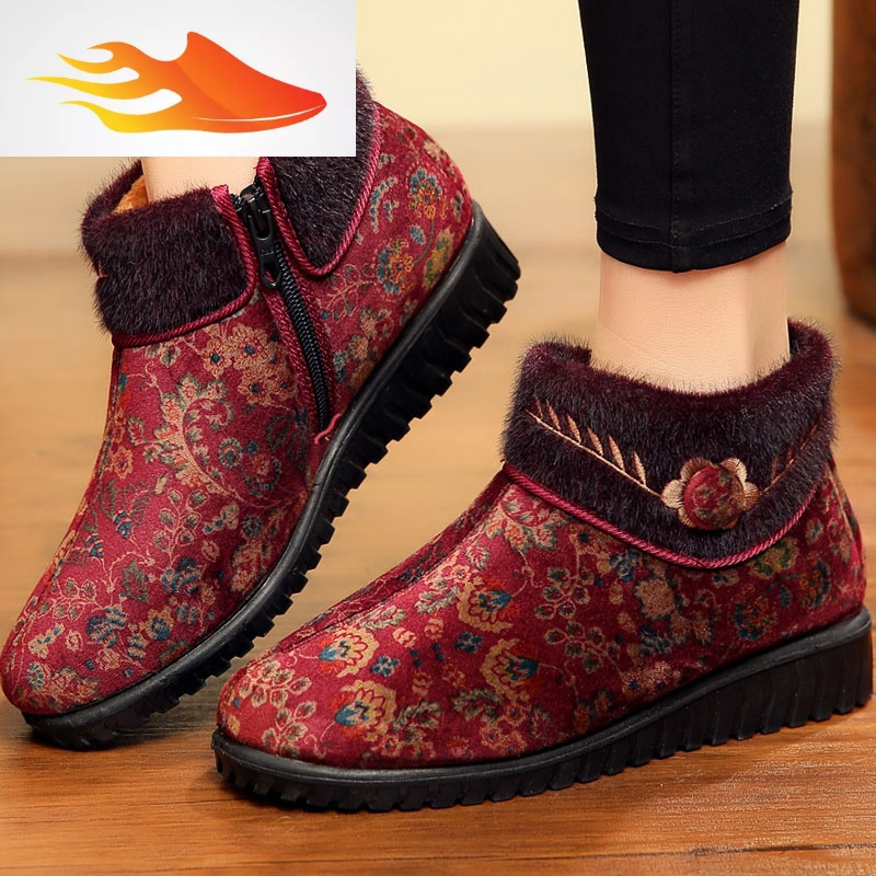 fishbasket老北京布鞋女鞋冬季高帮中老年妈妈鞋平底防滑加绒加厚保暖