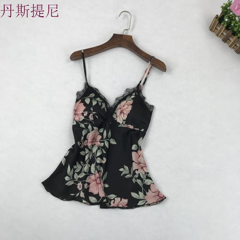 韩版新款春秋女神睡衣女冰丝绸印花两件套露背带短裤家居服夏季