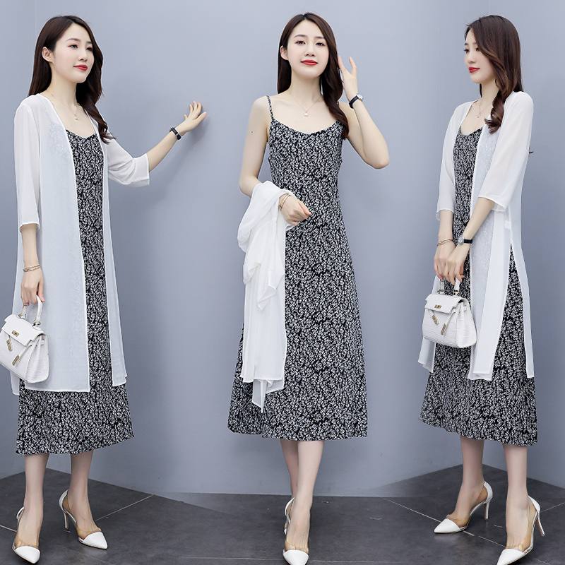 权小威 连衣裙披肩两件套2022夏季新款无袖裙外搭披肩雪纺衫潮