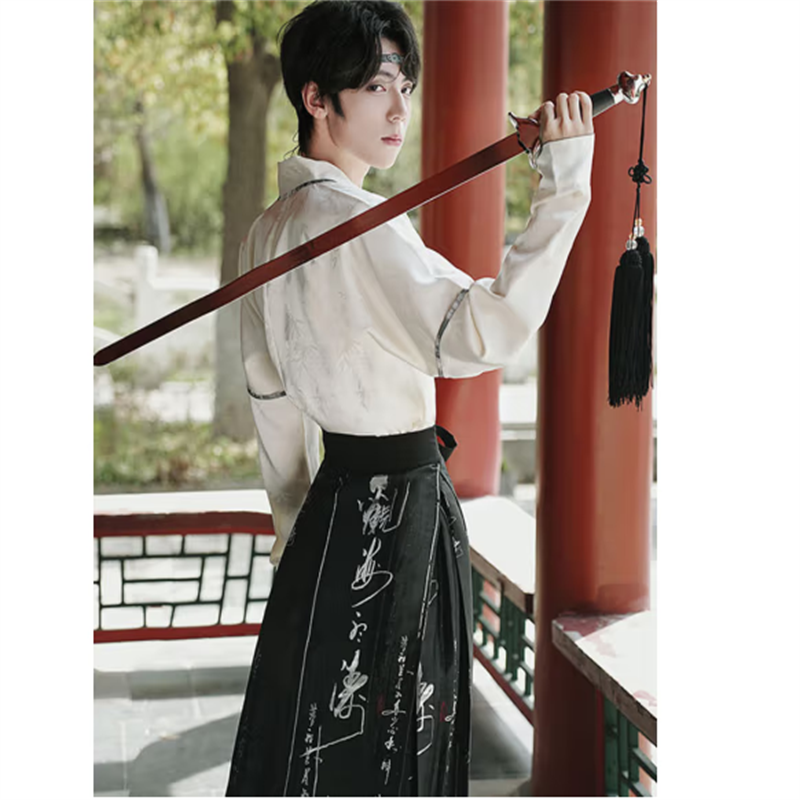 HD 原创新中式织金马面裙男款汉服古装交领中国风书生套装明制表演服 提花上衣+黑色织金马面裙XL高清大图