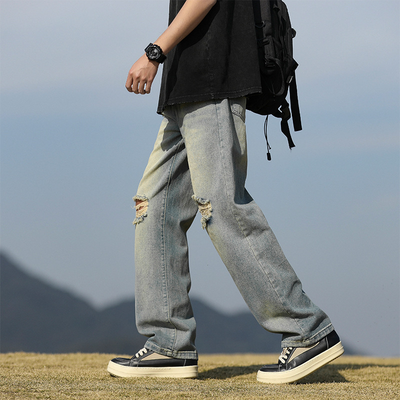 宽松牛仔裤男青年潮牌大学生休闲裤子男磨白牛仔裤男生割破乞丐裤高清大图